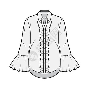 荷叶边衬衫技术时尚插画 领口尖 袖口宽大 袖子长 身形超大身体丝绸服装纺织品设计女士棉布织物绘画脖子图片