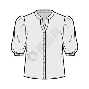 衣领衬衫技术时装插图 用肘盖袖 前纽扣加固 松散的轮廓球座办公室纺织品服饰裙子丝绸计算机袖子脖子织物图片