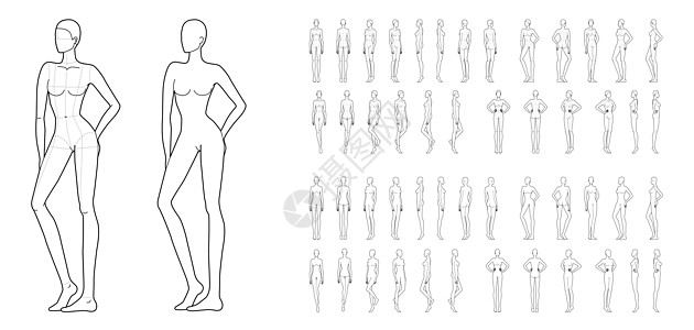 50名妇女的时装模版造型师冒充姿势草图女士女性女孩数字身体腰部图片