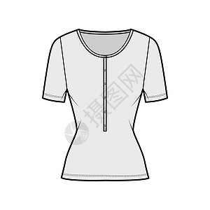 棉球顶级技术时装插图 用短袖 薄体 单排Henley领带来展示服装棉布女性衬衫脖子身体设计女孩袖子女士图片