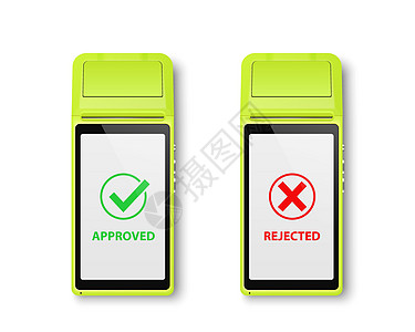 矢量 3d NFC 支付机 批准和拒绝状态 WiFi 无线支付 POS 终端 银行支付非接触式终端的机器设计模板 样机 顶视图金图片