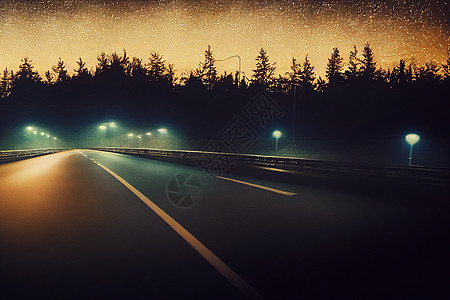 远方路夜晚的汽车 脚印显示头灯 绕着弯道走在3D插图中奢华反射阴影黑暗发动机渲染收藏3d城市驾驶背景