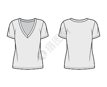 棉衫T恤技术时装插图 包括穿排V颈 短袖 外裤长度 尺寸过大针织品计算机服饰纺织品棉布女士身体办公室袖子服装图片