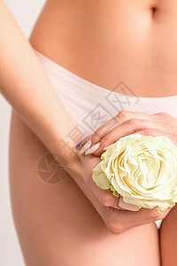 手握花朵覆盖比基尼区女性治疗女孩成人腹部女士内衣身体妇科柔软度图片
