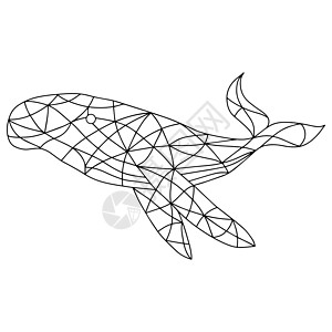 彩色玻璃风格的黑白插图与抽象鲸鱼 着色书和着色页的图像条纹世界彩页窗户马赛克水下生活黑色填色本水族馆生物图片