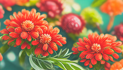 青菜盆栽数字艺术背景新鲜花卉与菊花红色和橙色 充满活力的叶子装饰线条盆栽植物花瓣橙花图案绿色盆花花园背景
