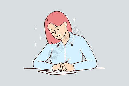微笑的女人坐在书写桌上秘书日记插图学习者文书女性专家办公室青少年人士图片