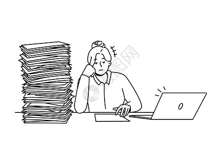 工作累的女商务人士 文件堆积如山电脑人士公司斗争官僚数据插图绘画桌子经理图片