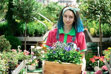 青菜盆栽在花园商店工作并安排花盆的花店家温室盆栽植物群女性服务园丁微笑女士盒子中心背景