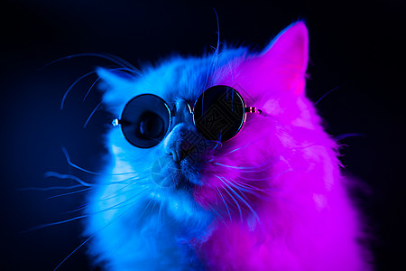 戴着眼镜的豪华家猫在黑色背景上摆姿势 戴着时尚眼镜的白色毛茸茸的猫的画像 工作室霓虹灯动物打猎鼻子玻璃乐趣猫咪游戏爪子毛皮生活图片