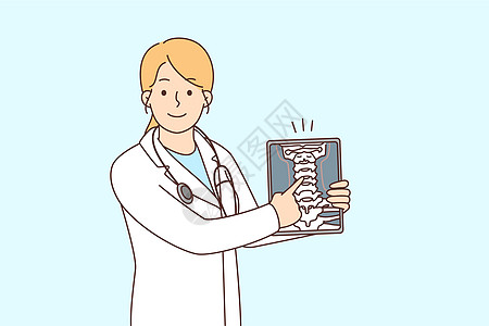 在平板上微笑的女医生展示身体器官考试外科诊断诊所工具专家全科治疗女性技术图片