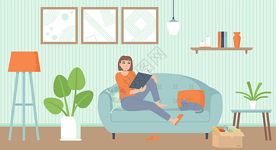 家庭娱乐 隔离期 放松概念 舒适的室内客厅和一只猫 沙发上的女孩阅读一本书 卡通平板风格的股票矢量插图图片