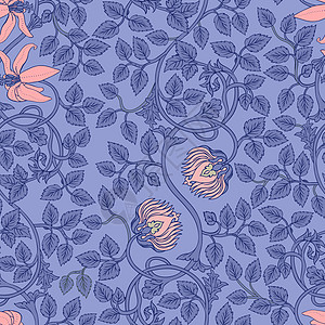 佛罗拉老古代的无缝模式 旧壁纸 高贵的鲜花 艺术和工艺品运动的灵感包装绘画插图纺织品叶子工艺墙纸织物花园蓝色图片