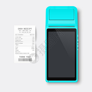 矢量 3d 蓝色 NFC 支付机和纸质支票 收据隔离 Wi-Fi 无线支付 POS 终端 银行支付非接触式终端的机器设计模板 样设计图片