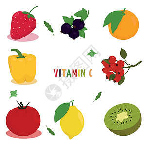 C 以含有维生素c的水果和蔬菜图像绘制的活性维生素C矢量插图图片