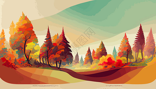 秋天美丽的地貌景观中的森林的几何图示树木橙子墙纸落叶艺术品天空插图图片