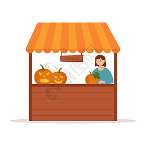 装订柜台 架子上南瓜的食品市场柜台 白色背景的Kiosk农业卡通片女士产品节日帐篷购物销售食物插图图片