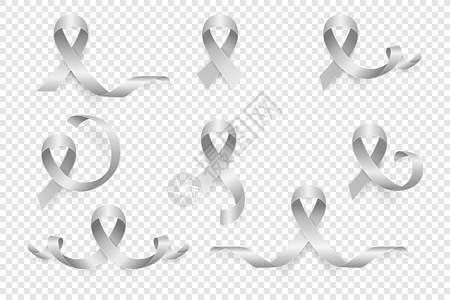 矢量 3d 逼真的灰色丝带集 脑癌意识符号特写 癌症丝带模板 世界脑癌日概念幸存者药品男人疾病帮助卡片机构保健女性卫生图片