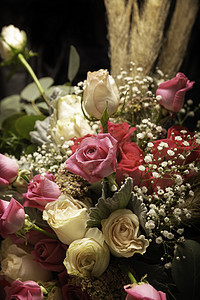 玫瑰和叶子花店植物风格装饰植物群粉色花束婚礼花园图片