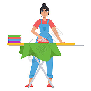 年轻的管家 一个女人在熨衣板上熨衣服 女佣服务的概念 保洁公司服务家庭琐事打扫家务女性房子熨烫妻子工作卡通片图片