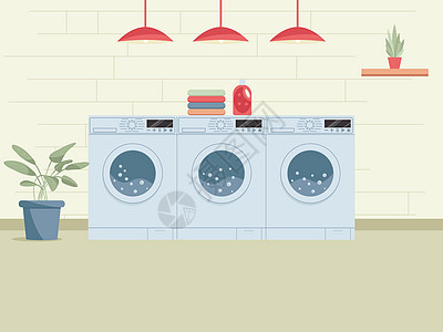 洗衣房内部配有洗衣机 家用化学清洁 洗衣粉 毛巾图片