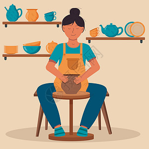 在陶轮上制作陶瓷的女人 陶艺作坊 陶艺爱好 陶瓷工艺大师 陶瓷厨具 可爱的手工陶瓷盘子 杯子 糖罐 茶壶 盘子 平面矢量图工作女图片