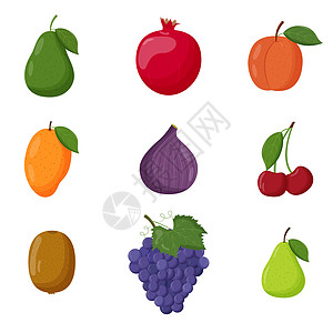组的水果 素食 健康饮食理念 鳄梨 石榴 桃子 芒果 无花果 樱桃 奇异果 葡萄 梨 平面矢量图图片