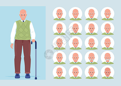 老年男子不同精神状态的半平板颜色性情情感组合体图片