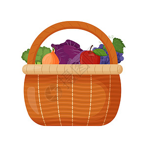 野餐篮 柳条篮子里放着新鲜水果 西兰花 洋葱 卷心菜 胡椒 苹果 葡萄 平面矢量图图片