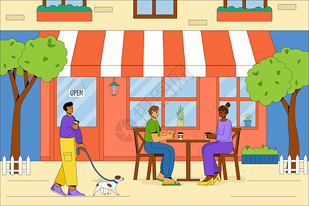人们在户外放松并喝咖啡 带有户外桌椅的夏日咖啡馆大楼 友好的人带着狗在新鲜空气中放松 夏季咖啡馆的矢量概念 平面矢量图图片