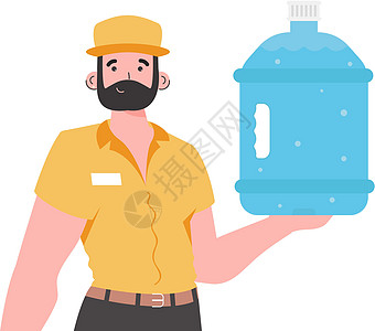 送水概念 男人拿着一个大瓶的水 其性格被描述在腰部 孤立的 矢量的背景图片