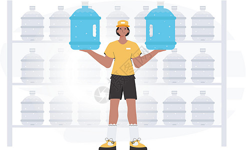 送水概念 男人拿着一个大瓶子 卡通风格的性格在全面成长中呈现 矢量背景图片