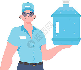 送水概念 男人拿着一个大瓶的水 其性格被描述在腰部 单向说明 矢量说明背景图片