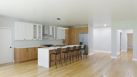 3D直观的厨房和木制地板底座酒吧开放绘画食物房子房间房地产地面橱柜图片