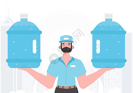 送水概念 男子拿着大瓶水 卡通风格的性格在腰部被刻画 矢量图示背景图片