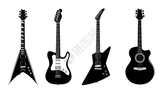 声响吉他和电吉他矢量轮廓 白色隔离的黑色吉他图片