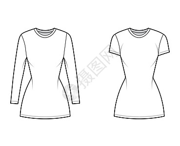 一套短袖 短袖和长袖 小长度 细体合身的T恤衫技术时装插图草图服装女士织物身体袖子孩子们绘画服饰裙子图片
