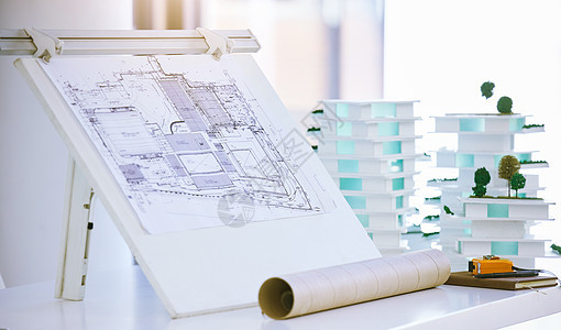 建筑模型的蓝图 建筑和设计 以及建筑办公室的施工计划 具有 3D 结构的创意工程 视觉和房地产或住宅规划图片