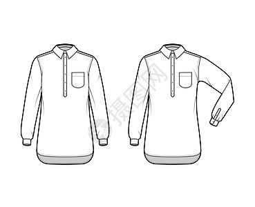 一套Shirt拖拉技术时装图示 用圆口袋 肘折折长袖 超大尺寸 半短片套装袖子按钮小样商业棉布套衫衣领男性衬衫图片