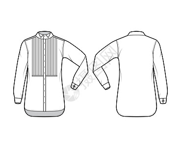 服装技术时装插图 配有双臂折叠长袖和法国袖扣衣领男生商业男人套装小样棉布衬衫袖子绘画图片
