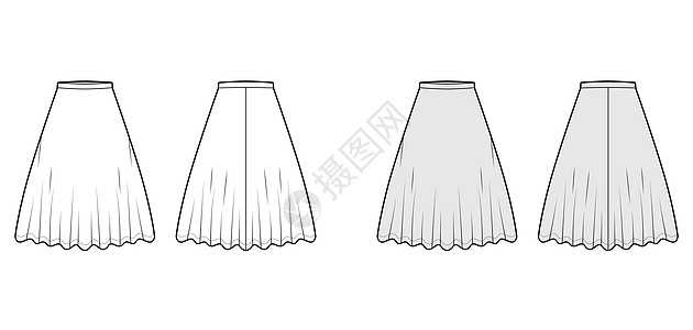 裙子 midi 圆形技术时尚插图 膝盖长度轮廓 圆形丰满度 细腰带底部身体草图绘画牛仔布纺织品服装设计迷笛喇叭形孩子们图片