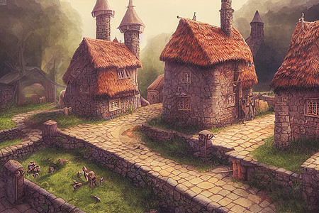 游戏房子素材3D化为幻想的中世纪村庄 有很多建筑 数字艺术插图童话墙纸农村场景故事书森林土地房子天鹅王子背景