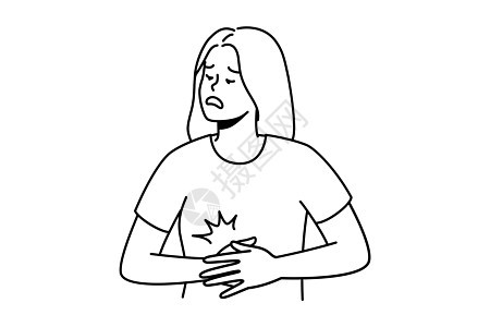 身体不健康的妇女胃痛经期斗争保健胃炎绘画地面伤害腹痛住院卡通片背景图片