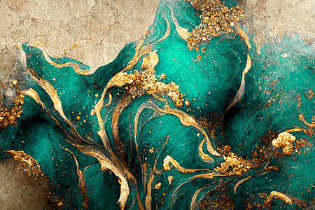 亮丽的深色铁丝网和金墨在周围旋转 数字艺术 3D 插图卷曲曲线蓝绿色海浪墨水水彩液体湍流大理石流动图片
