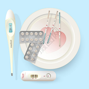 在白色背景与温度计 板块 条纹隔离的妊娠测试;印刷品装饰的矢量设计 包括图片