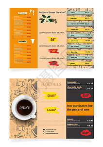 矢量餐厅宣传册 两本小册子的菜单设计 带有手绘图形的矢量咖啡馆模板 带有幸运卡的食品传单图片