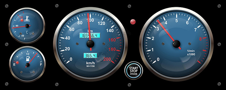 汽车冲撞板面板仪表上符合现实的孤立元素 包括 车速计 气压计 燃料和发动机温度数字引导光指示器车速转速速度控制板拨号转速表指标里图片