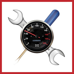 汽车修理店图标 逼真的矢量车速表 在仪器背景上有速度指示 海报 数字横幅 传单图片