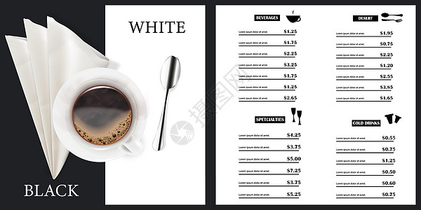 餐厅和咖啡馆的矢量菜单模板 黑白菜单封面设计 背景是一杯热咖啡和一把勺子 现代餐厅宣传册的设计图片