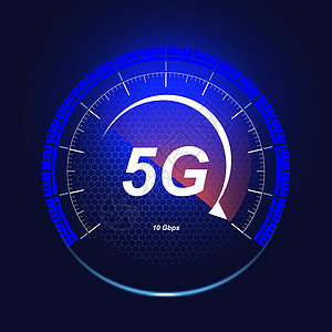5G无线网络技术 带有 5G 徽章的数字速度计的概念 高速互联网 未来派风格的霓虹灯速度计 隔离在深色背景中图片